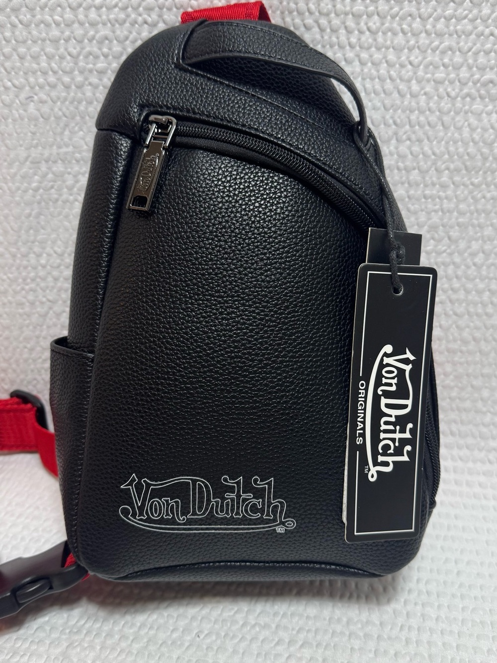Von Dutch Black Sling Bag with Red Strap leather